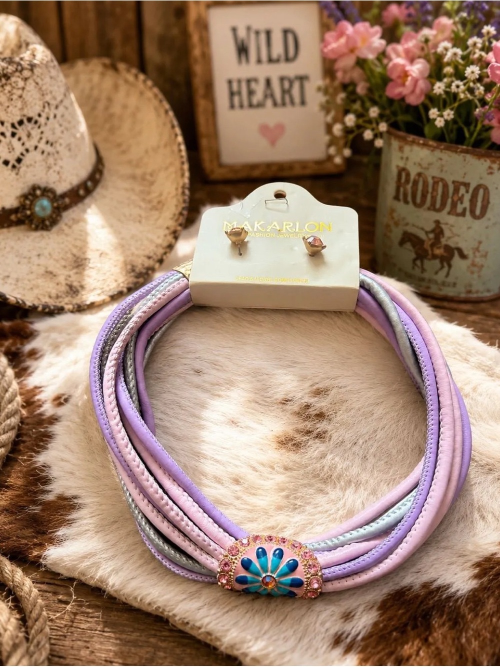 Lavender & Pastel Multi-Strand Necklace with Turquoise Flower Accent